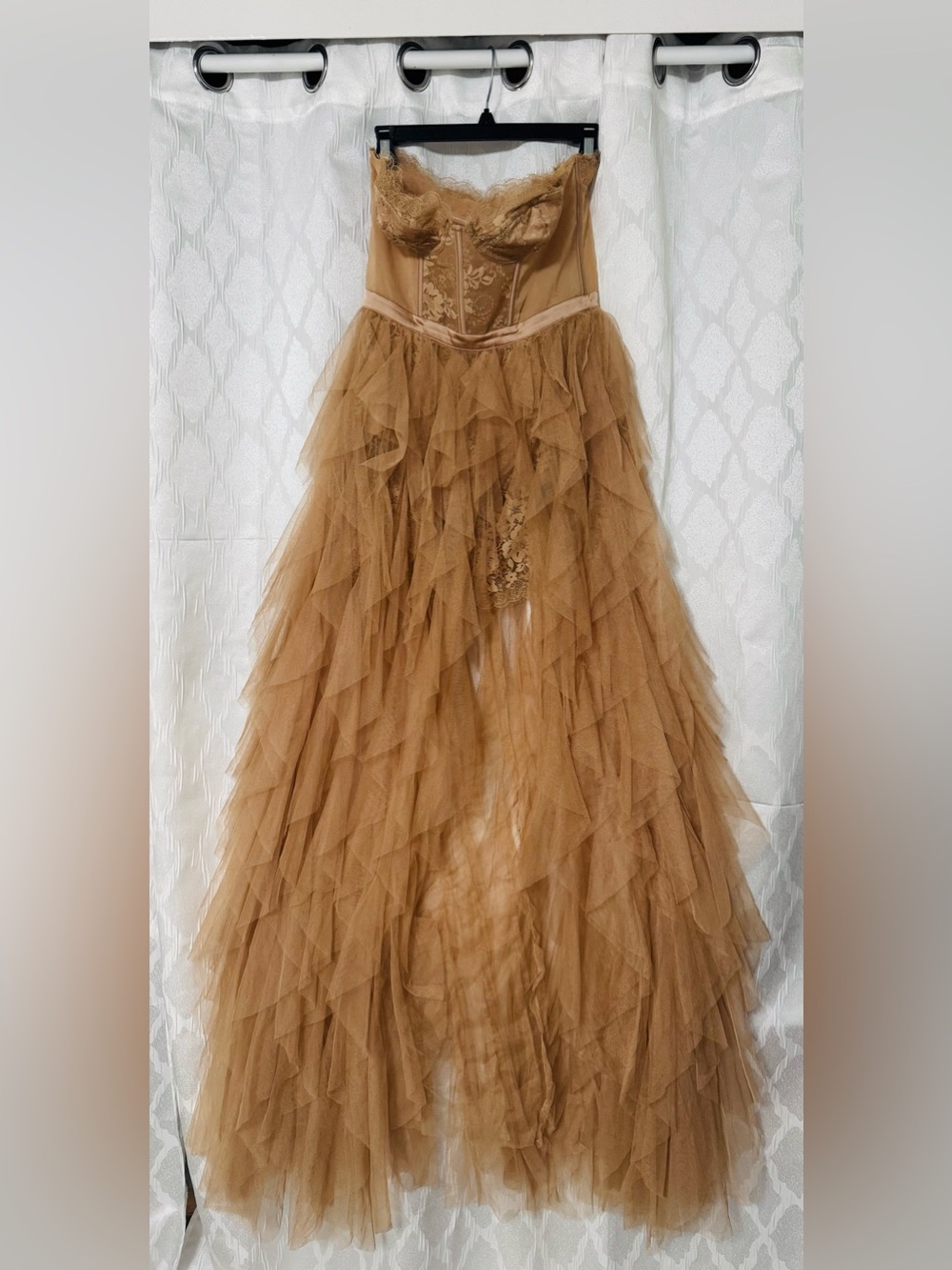 REVOLVE For The Love Of Lemons Nude Strapless Lace Bustier Tiered Tulle Gown - Picture 3 of 10